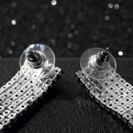 Hanging earrings with rhinestones "Waterfall" on a rectangle, white color in silver, 9 cm-1