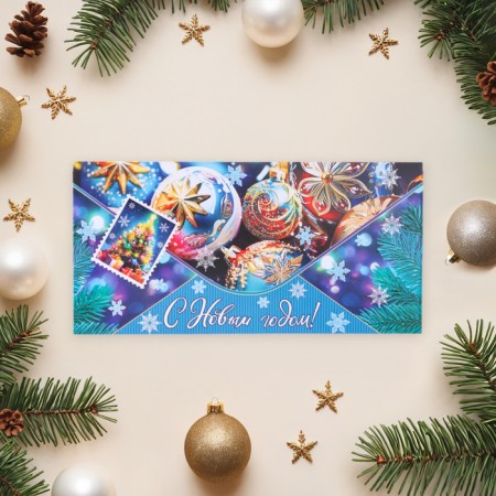 Money envelope "Happy New Year!" Glitter, Congrev, Balls, 17 x 8 cm-1