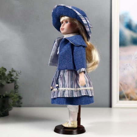 Doll Collectible Ceramics "Stasya in a blue striped dress and blue jacket" 40 cm-2