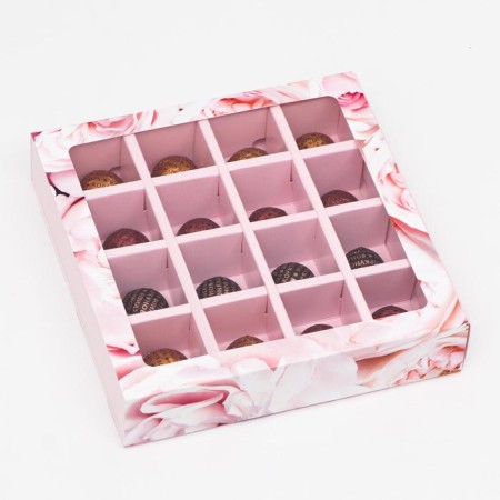 Box for sweets, 16 pcs, "peonies", pale pink, 17.7 x 17.7 x 3.8 cm