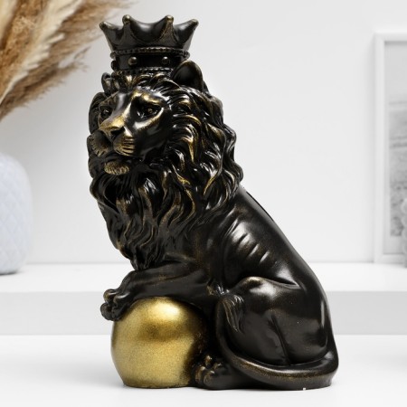 The piggy bank "Leo with a crown and a ball sits" black with gilding, 23cm