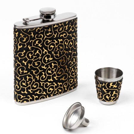 Gift set 3 in 1 "curls", black with a golden pattern: flask 210 ml + funnel and glass