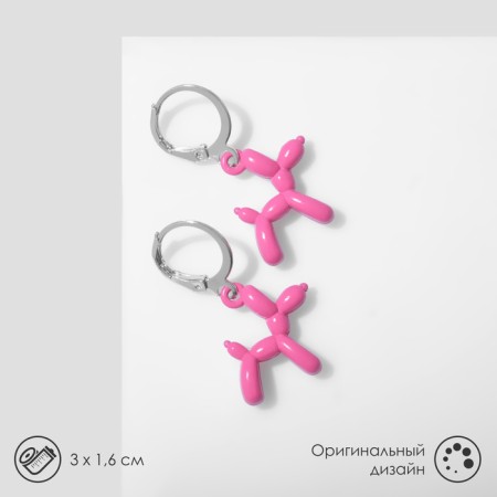 Earrings "Dogs" toy, pink color in silver