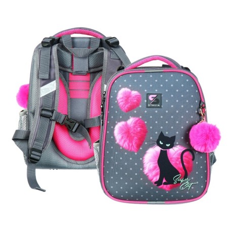 School backpack 38 x 30 x 16 cm, ergonomic back, stavia "black cat", gray