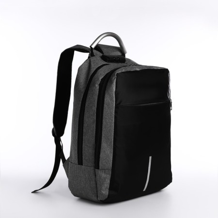 Male backpack on lightning, external pocket, code lock, suitcase mount, gray color.-2