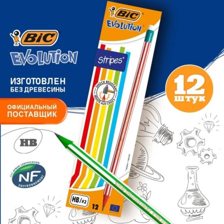 Chernographic pencil (simple) HB, BIC Evolution Stripes, sharpened, plastic, without eraser, hexagonal, color hull in strip