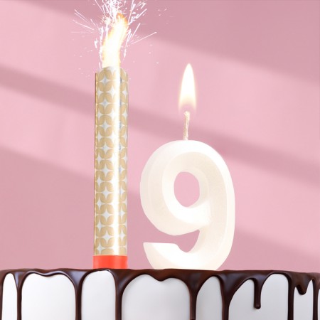 Candle in the cake "Face + Fountain", number "9", pearl, 6.5 cm