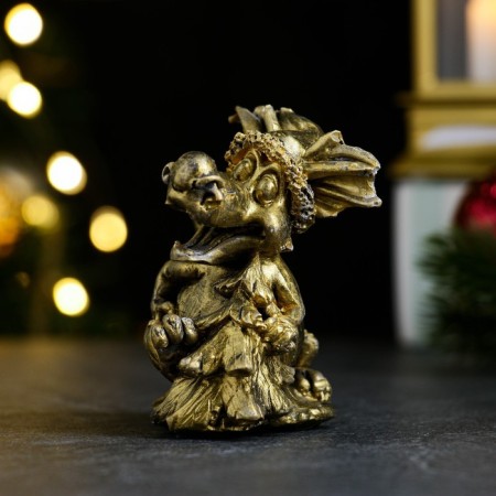 Figure "Dragon with a Christmas tree" Old gold, 6x4x4cm-1