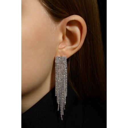 Hanging earrings with rhinestones "Waterfall" a large square, white color in silver, 10 cm-6