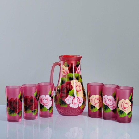 Set for juice with a tray "Zhostovo" Art painting, 6 glasses 1250/200 ml, red-1