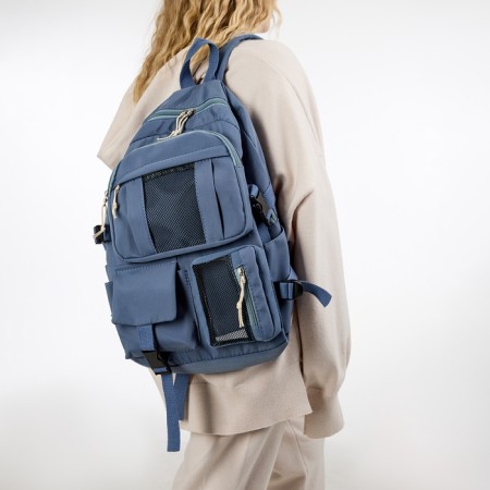 A backpack with a zipper, 3 outer pockets, blue color-6