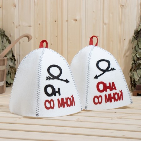 Bath set with an applique "He is with me+she is with me" (hat+hat)