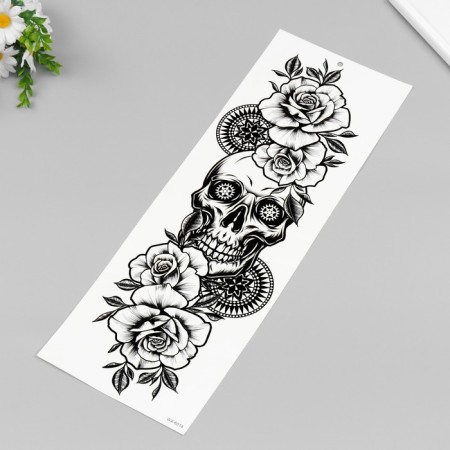 Tattoo on the body black "Skull in flowers" 48x17 cm-1
