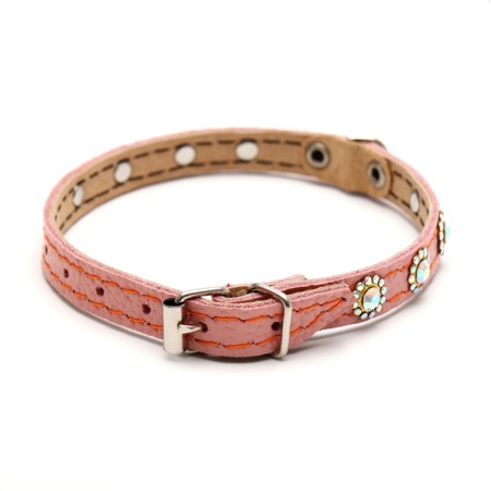 The collar is two-layer leather with rhinestones, 1.2 x 35 cm, Osh 20-30 cm, pink