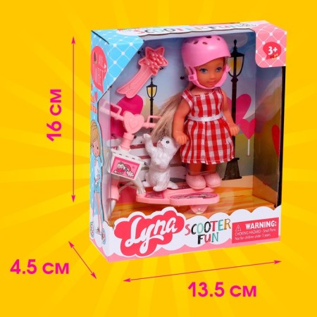 Doll baby Lyna on a walk with a scooter, pet and accessories, mix-5