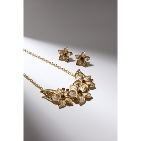 Set 2 objects: earrings, necklace "flowers" trio, milk color in gold, 45 cm-1