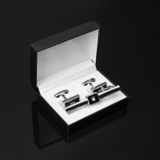 Set of men's “cufflink + tie clip” rectangle, black and white color in silver