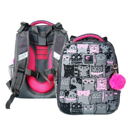 School backpack 38 x 30 x 16 cm, ergonomic back, stavia "cat family", gray