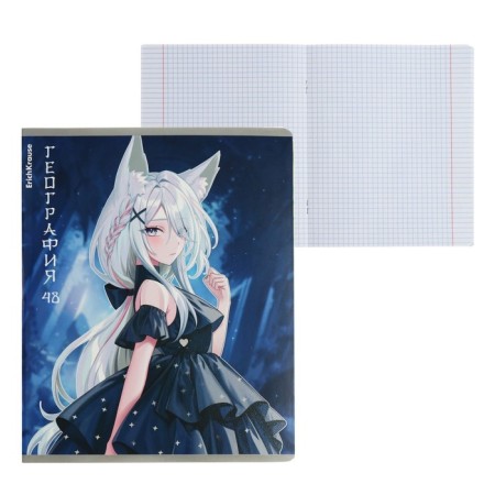 Subject notebook, 48 sheets, cell, geography, Erichkrause "Manga", cardboard cover Twin-LK, OFSET BELICT 100%, info block