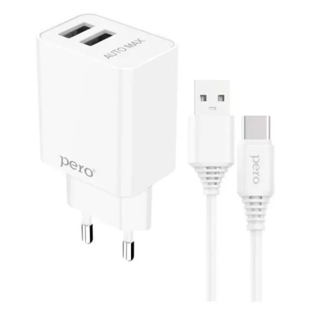 Network charger PERO TC02, 2 USB, 2.1 A, Type-C cable, white