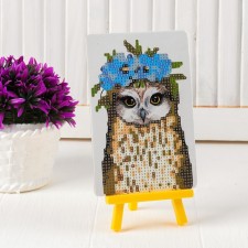 Diamond embroidery with a partial filling “Owl with a wreath of flowers”, with a stand, the size of the picture: 10 × 15 cm