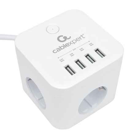 Network filter Cablexpert Cube Cube-3-U4-W-1.5, 3P, 10A, 4xUSB, 1.5m, Ur. Protection 4+, White