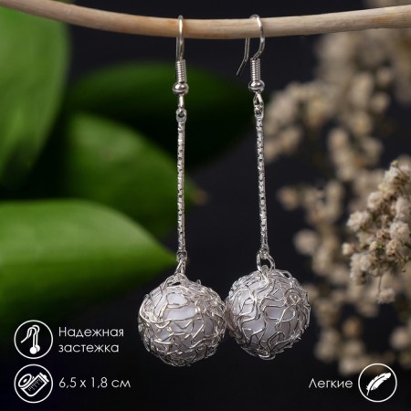 Hanging earrings “wandered ball”, white color in silver, 6.5 cm