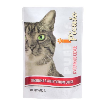 Wet food "Puffins Picnic" for cats, beef in sauce, 85 g