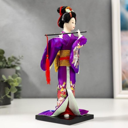 Collector doll "Japanese in a purple kimono with flute" 25x9.5x9.5 cm-6