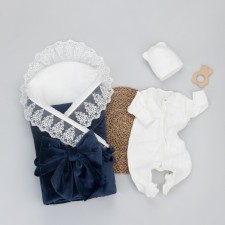 Kinderlitto “Bristol” discharge kit, 5 items: blanket, diaper, jumpsuit-slip, cap, bow, demi-season, height 50-56 cm, dark blue color