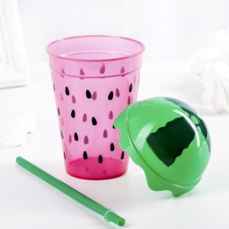 Watermelon glass, 450 ml, with a tube and lid, red color-4