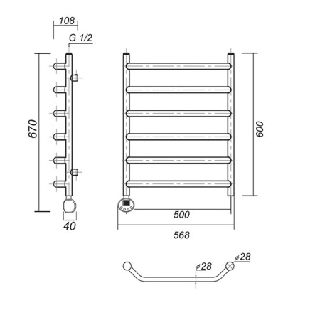Domoterm electric heated towel rail "Laura" P6, 500x600 mm, left, bronze-2