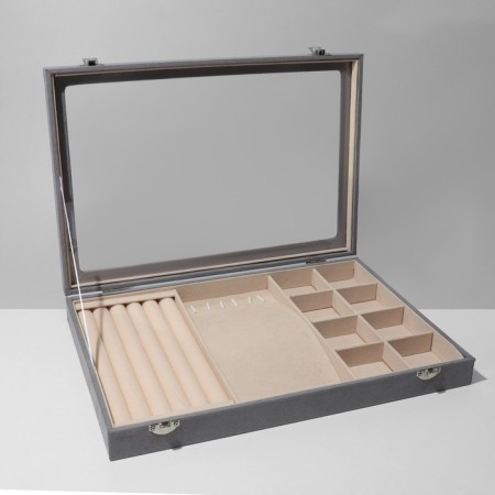 Steam for jewelry "Casket" 5 rows, 6 hooks, 8 cells, phlock, 35 × 24.5 × 5, gray-beige color-1