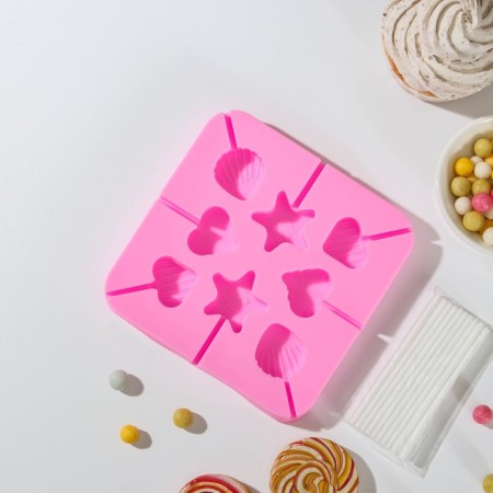 Silicone form for candies "Sea Shore", 12.5 × 12.5 × 1.5 cm, 8 cells, with sticks, color mix-1