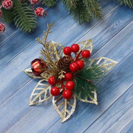 Christmas tree decoration "Festive flowers" (set 2 pcs) berries, 12 cm, gold-1