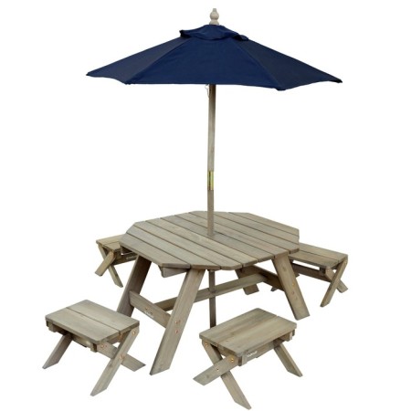 Children's garden furniture, 4 benches, picnic table, umbrella, beige-brown