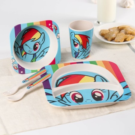 A set of children's bamboo dishes, 5 objects: plate, fork, spoon, glass, bowl "Rainbow Dash", My Little Pony-1