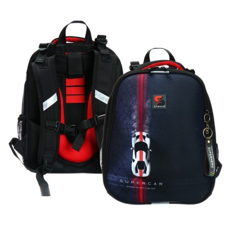 School backpack 38 x 30 x 16 cm, ergonomic back, stavia "race", black