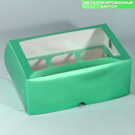 Capcake box, confectionery packaging with a window, 6 cells "Light green", 25 x 17 x 10 cm