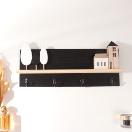 Hooks decorative wood with a shelf "houses and trees" black 5x39.5x18 cm