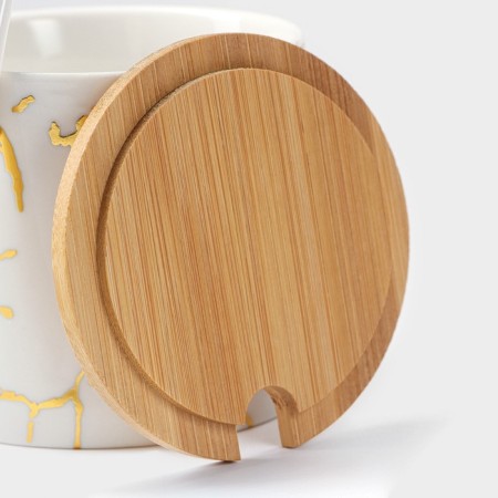 A set of ceramic cans with spoons on a wooden stand “Estet. Gold ", 2 items: 300 ml, white color-3