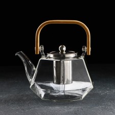 Glass teapot with a bamboo cover and metal sieve 