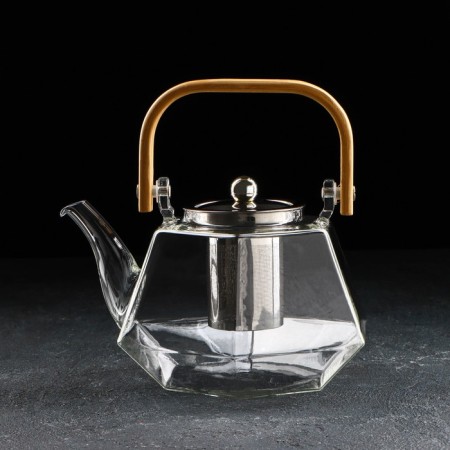 Glass teapot with a bamboo cover and metal sieve "Octo", 1.2 liters