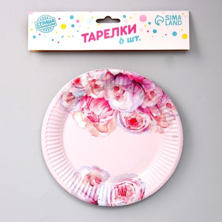 Plate disposable paper peonies, set 6 pcs, 18 cm-1