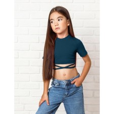 Top for a girl with short sleeves, height 134 cm, the color of the azure-blue