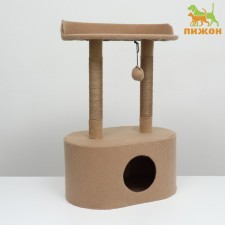 House for cats with a claw, with an oval shelf, 54 x 34 x 80 cm, felt, jute, brown