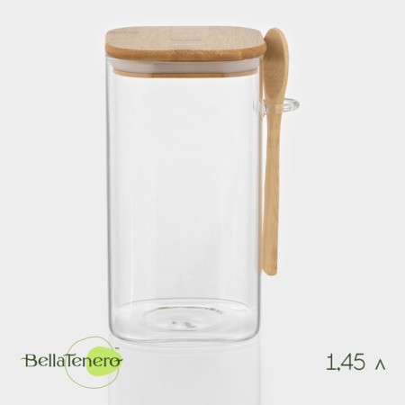 Glass Bank for bulk products with a bamboo lid and a spoon "Eco", 1.45 l, 11.5 × 10 × 19 cm