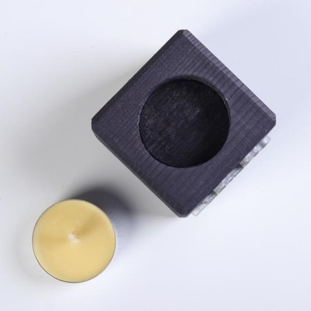 A candle in a wooden candlestick "Cube, hieroglyphs. Happiness", color: "Eben", 6x6x6 cm, mango-2