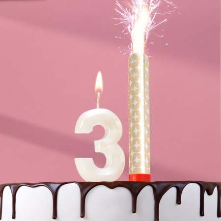 Candle in the cake "Gran + Fountain", number "3", pearl, 6.5 cm