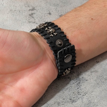 Bracelet Skin "Skull" with bones, black color with silver, 20 cm-3
